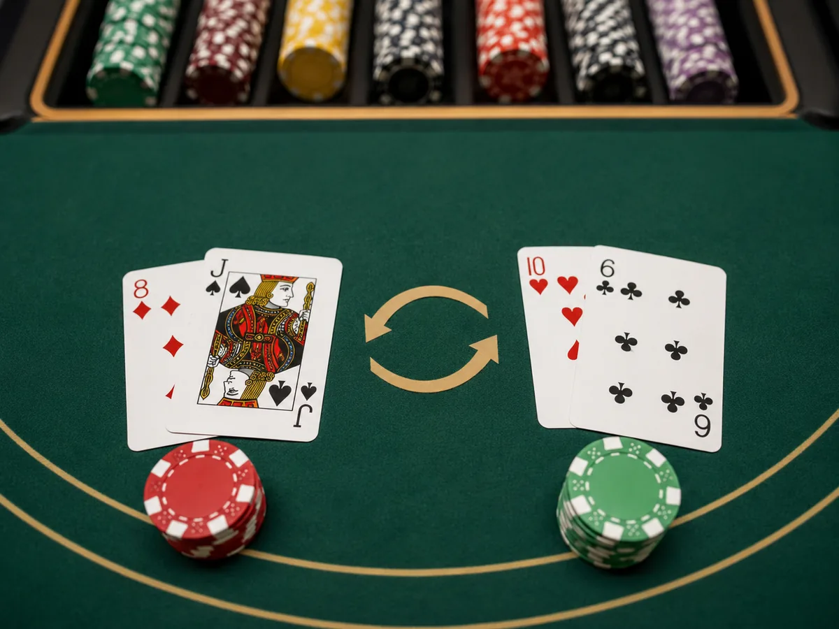 Close-up Blackjack Switch strategy image with two hands, chips and swap arrows