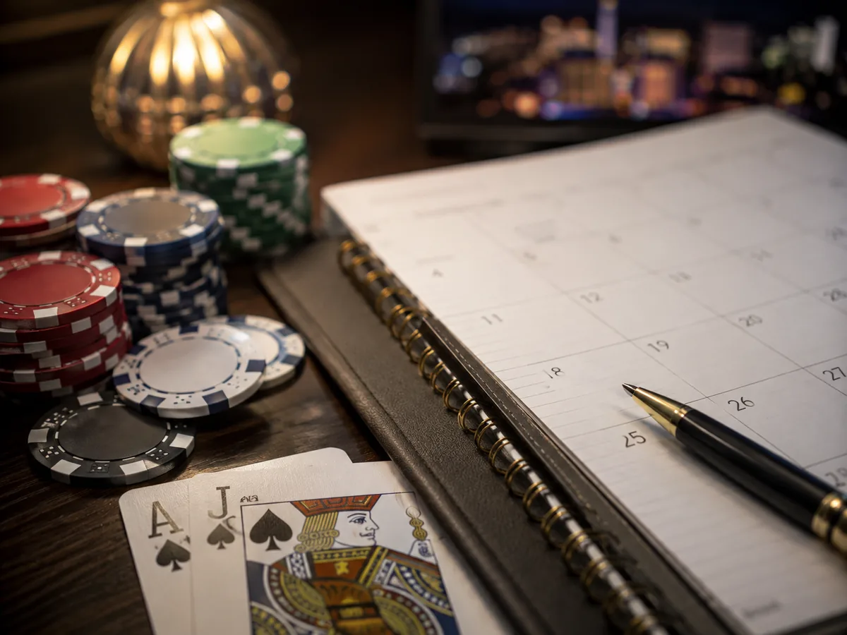 Casino calendar planning image with chips and cards for the Cosmopolitan article