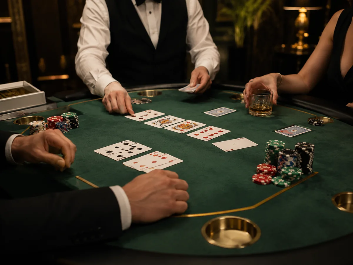 High-quality Pontoon casino table scene with cards, chips and dealer