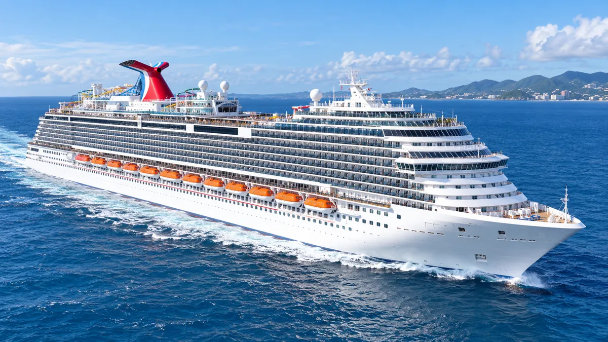 Exterior view of a Carnival-style cruise ship at sea.