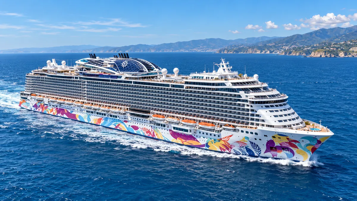 Exterior view of an MSC-style cruise ship at sea.