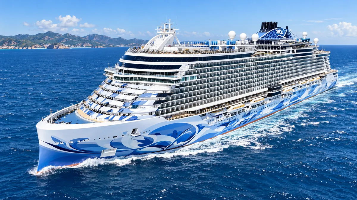 Exterior view of a Norwegian-style cruise ship at sea.