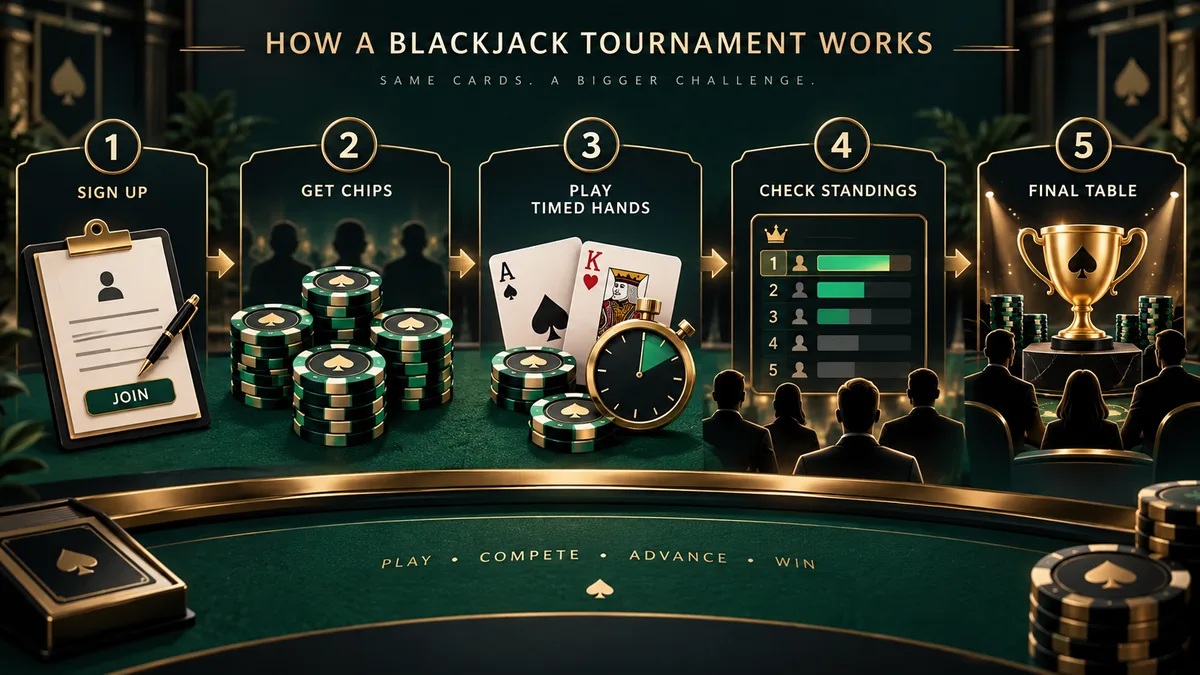 Five-step blackjack tournament flow from registration and starting chips through timed play, standings and the final table