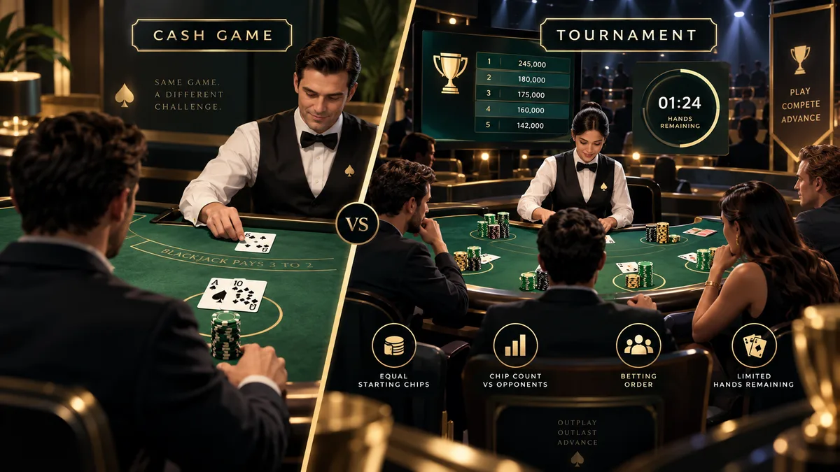 Visual comparison of a normal cash blackjack game and tournament blackjack, highlighting chip standings, betting order and limited hands