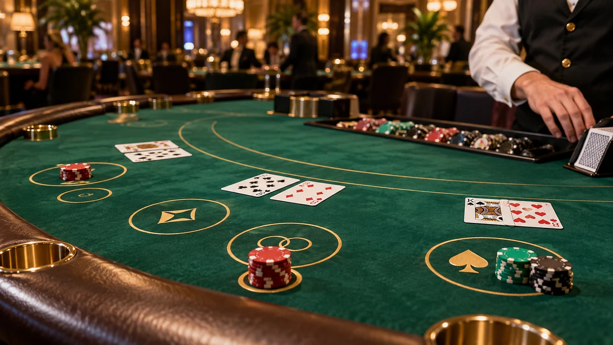 Photorealistic blackjack tournament side-bet table with multiple marked betting areas, cards and tournament chips