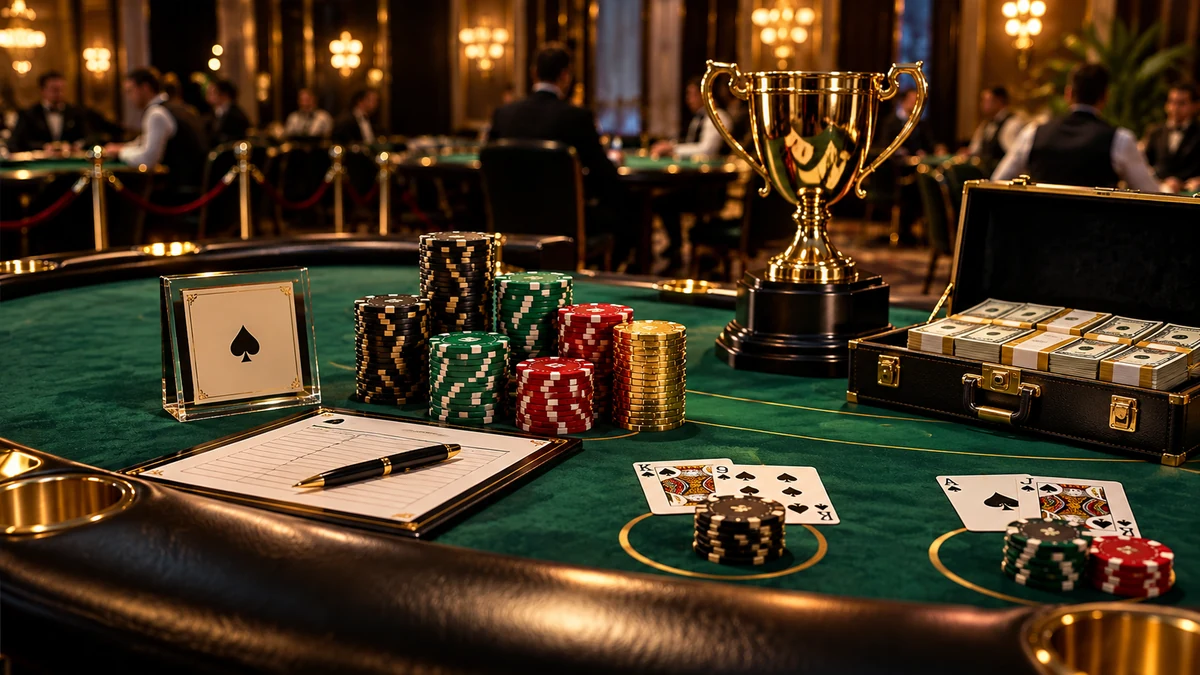 Blackjack tournament chips, trophy, and prize money arranged on a casino table