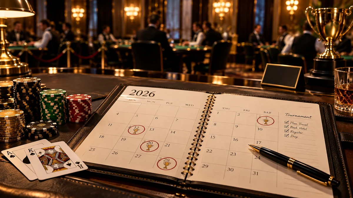 2026 blackjack tournament planning calendar beside casino chips and cards