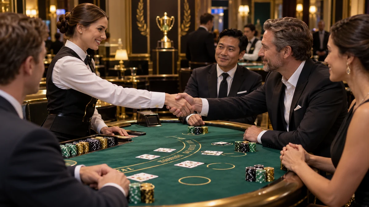 Blackjack tournament player and dealer exchanging a courteous handshake at a casino table