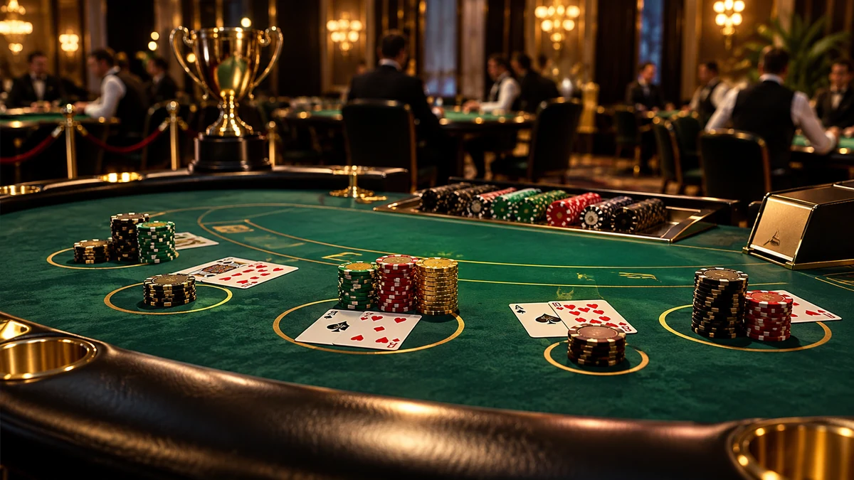 Luxury blackjack tournament table with chips, cards, and championship trophy