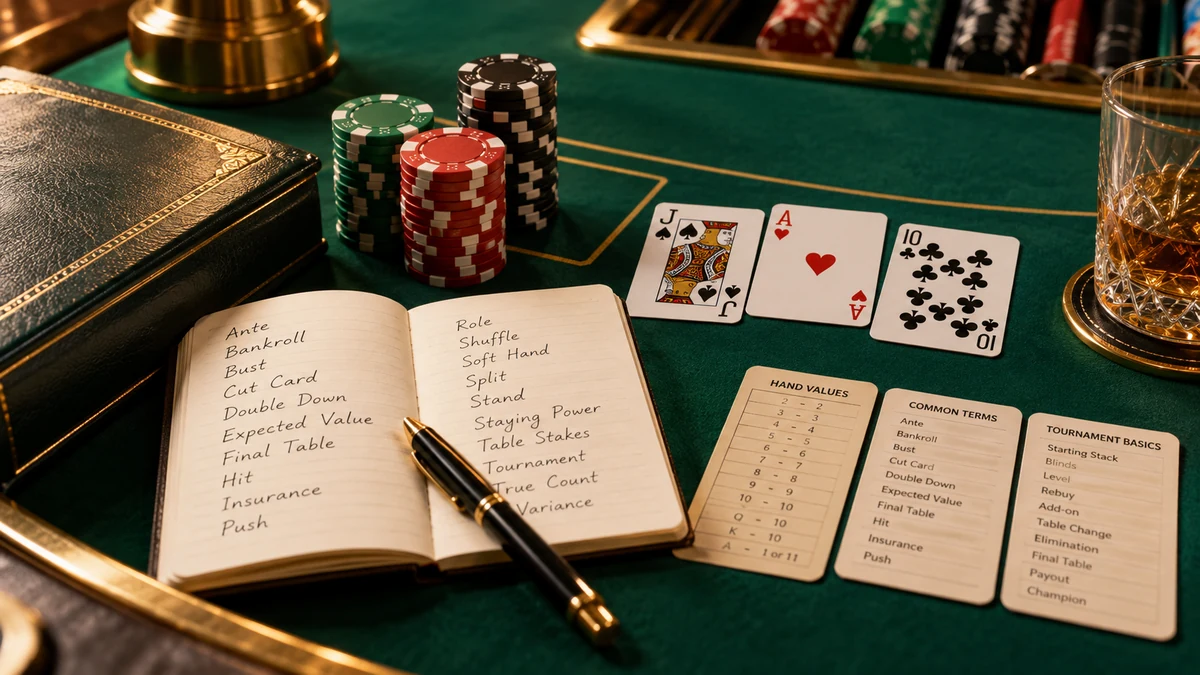 Blackjack tournament terminology study scene with notebook, cards, chips and reference cards
