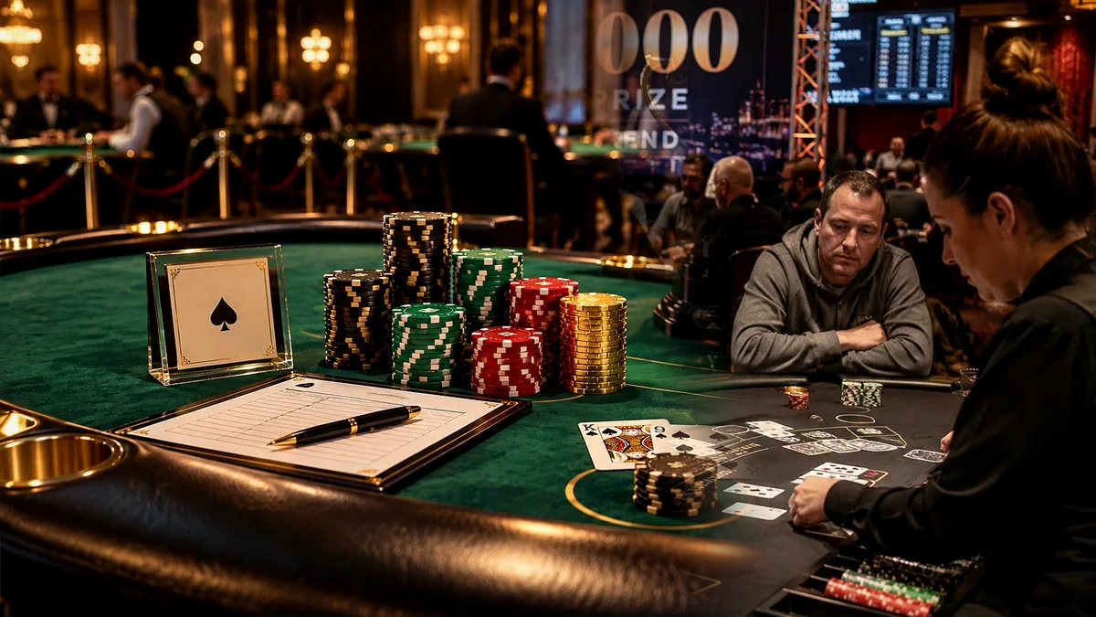 Blackjack tournament trophy, prize setup and championship table representing titles and records