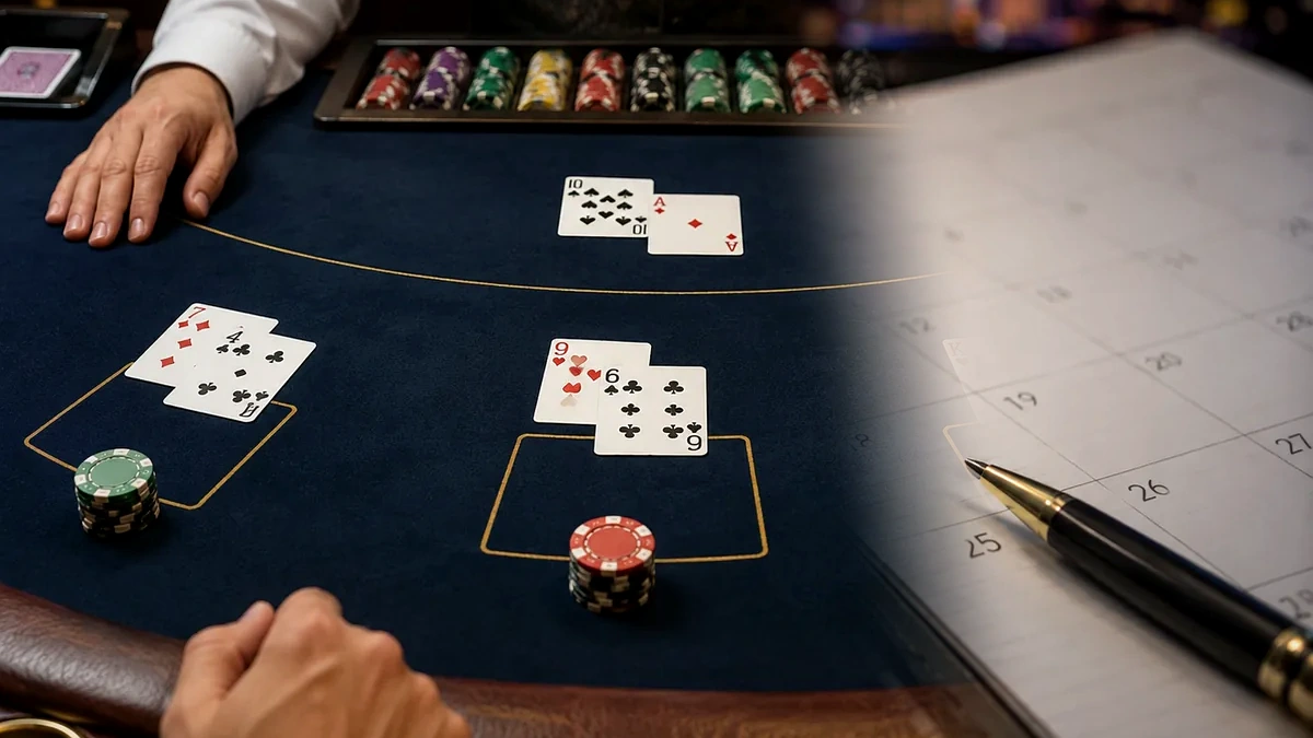 Tournament blackjack cards, chips and planning notes representing card-counting decisions