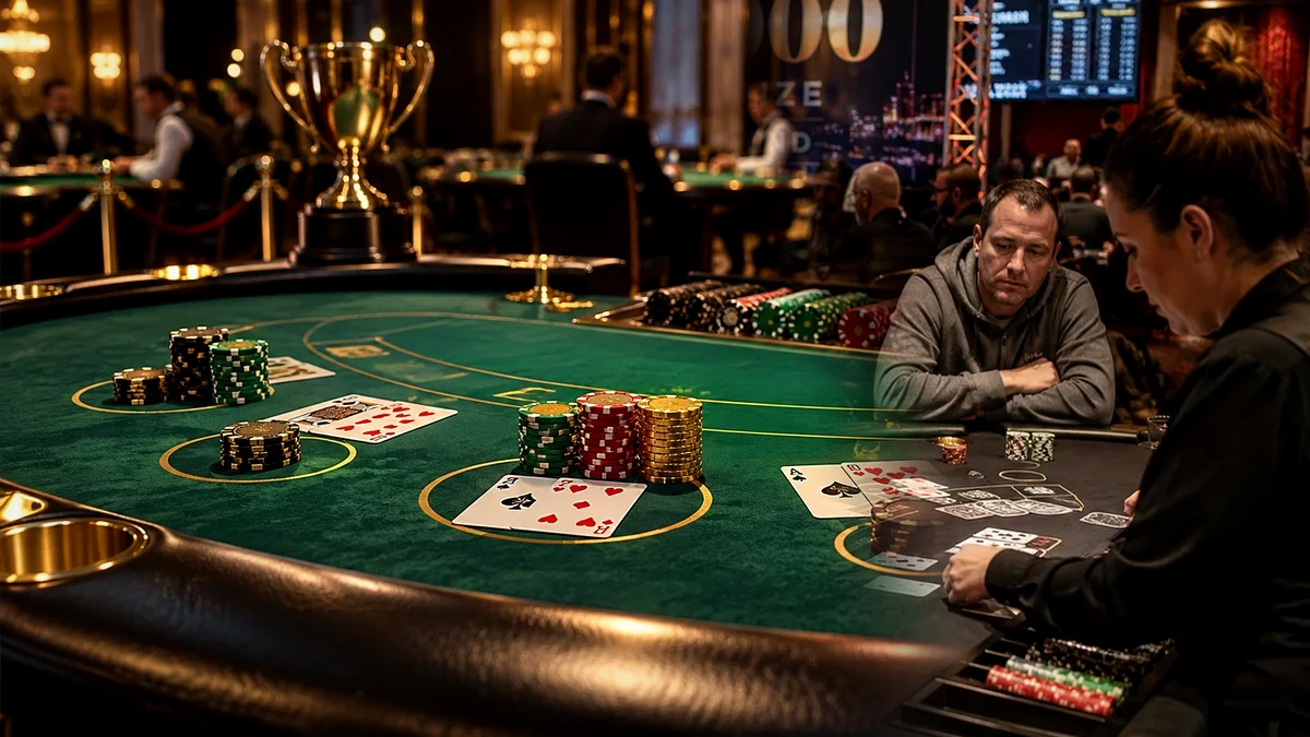 Blackjack tournament final table with trophy, chip stacks and remaining competitors