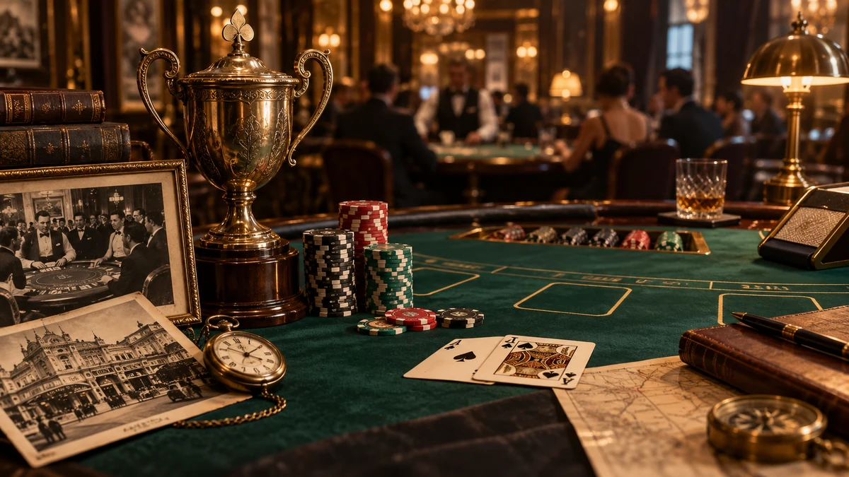 Historic blackjack tournament still life with vintage casino photography, trophy, chips and playing cards