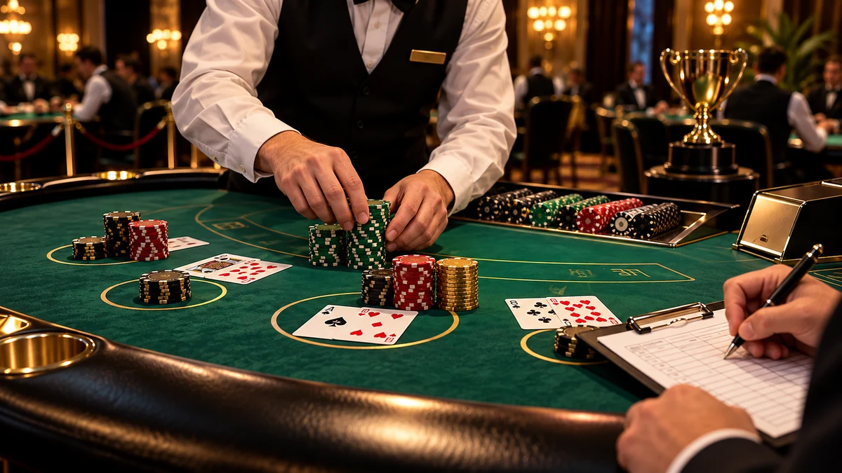 Dealer counting tournament chips while an official records blackjack standings