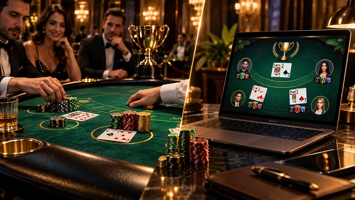 Live blackjack tournament table compared with an online tournament on a laptop