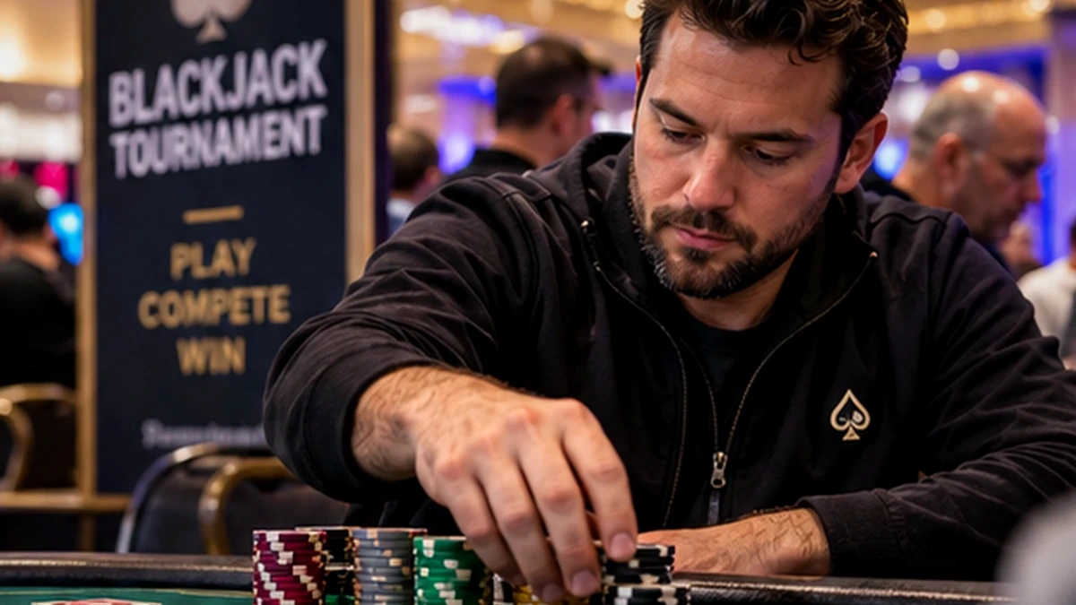 Focused tournament blackjack player studying opponents and chip stacks at the table