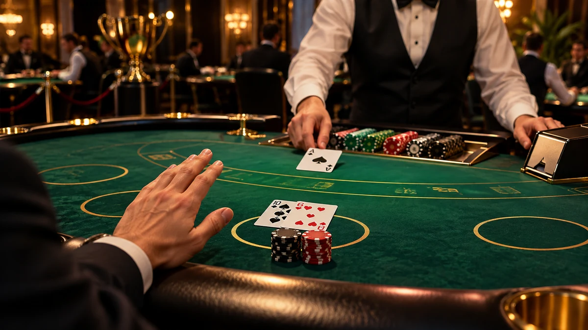 Blackjack tournament player signaling a cautious decision at the table