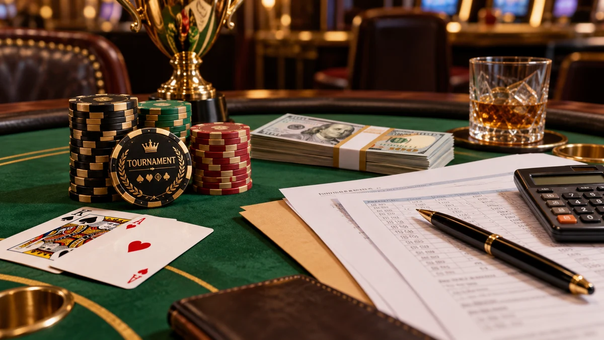 Blackjack tournament winnings beside financial paperwork, calculator, chips and playing cards