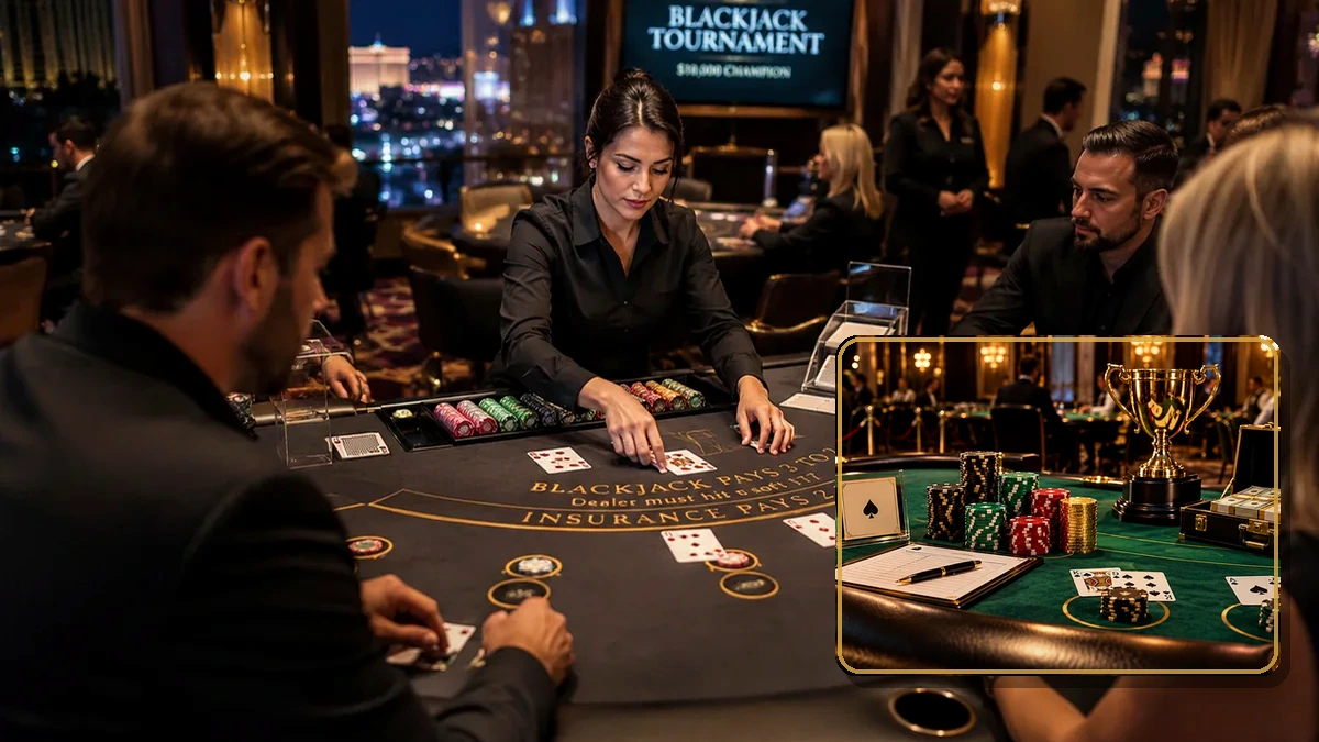Competitive blackjack tournament table with experienced players and championship trophy