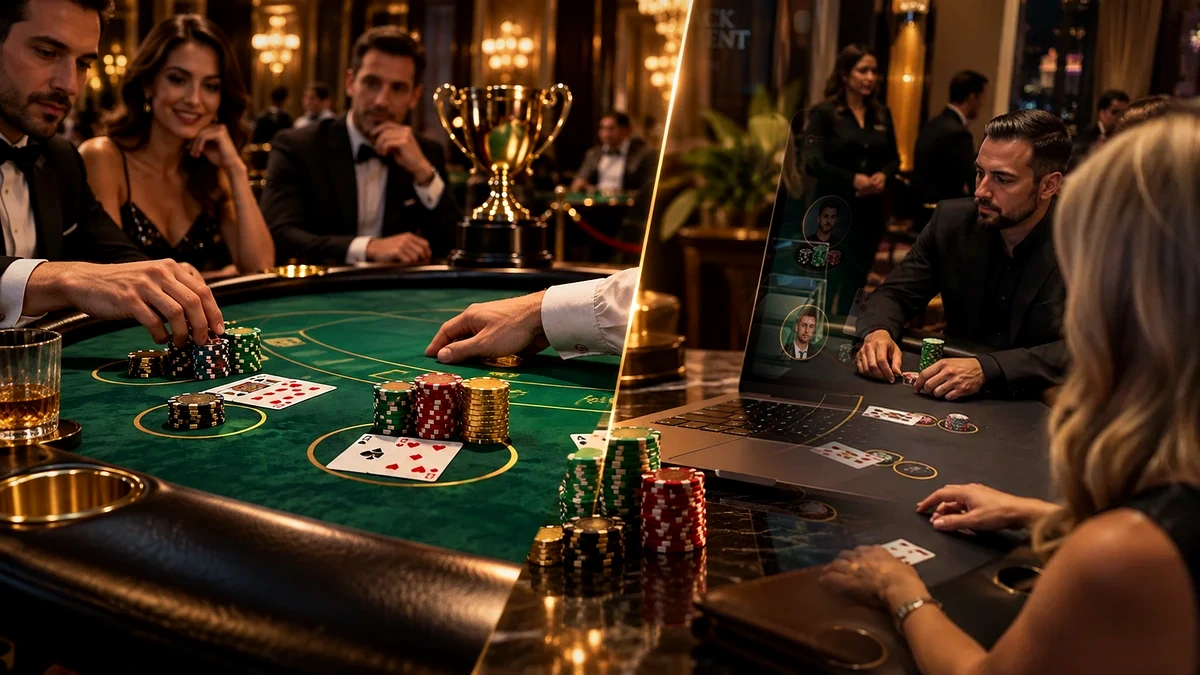 Women competing at a live blackjack tournament table with chips and trophy