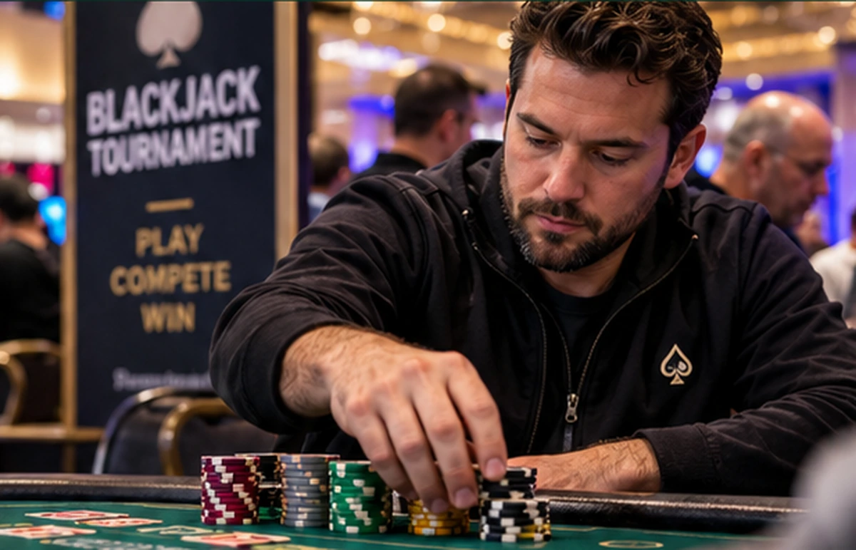 Blackjack tournament scene illustrating Reading Opponents in Blackjack Tournaments